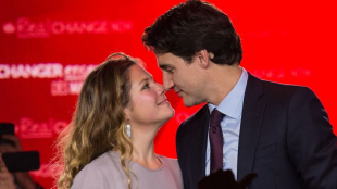 Justin Trudeau and his wife celebrate his election as new Canadian prime-minister last October. (Photo: Courtesy of Elle)