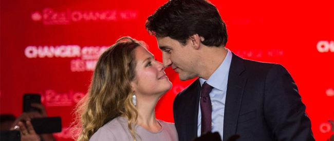 Justin Trudeau and his wife celebrate his election as new Canadian prime-minister last October. (Photo: Courtesy of Elle)