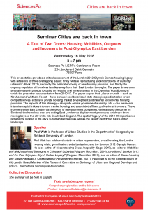 [Séminaire Cities are back in town] – Paul Watt « A Tale of Two Doors: Housing Mobilities, Outgoers and Incomers in Post-Olympics East London», mercredi 16 mai, 17h-19h.