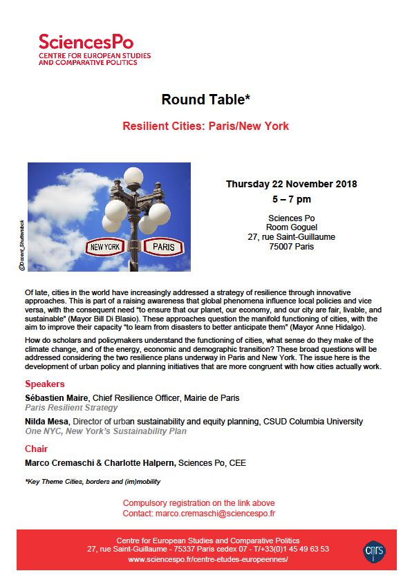 [Table ronde] Resilient Cities: Paris/New York, 22 novembre 2018, 17h-19h