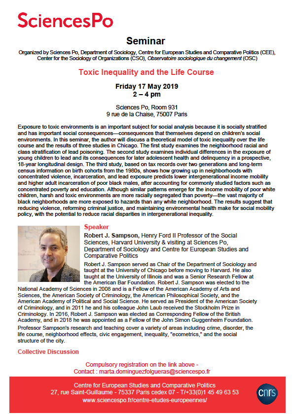 [Séminaire] Robert Sampson, Toxic Inequality and the Life Course, 17 mai 2019, 2 pm